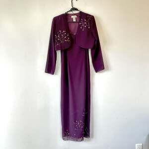 90s After Dark Beaded Plum 2-Piece Formal Dress Bolero Set 10P HK